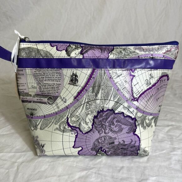 🗺️ Vintage-Style World Map Travel Pouch – Purple Accents Cosmetic/Accessory Bag - Picture 1 of 3